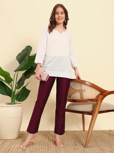 Image of Vogaan Women's Cotton Silk Pant | Half-Elasticated Waist Slim Fit Trouser for Women | Casual Pocket Pants for Office Formal Daily Use