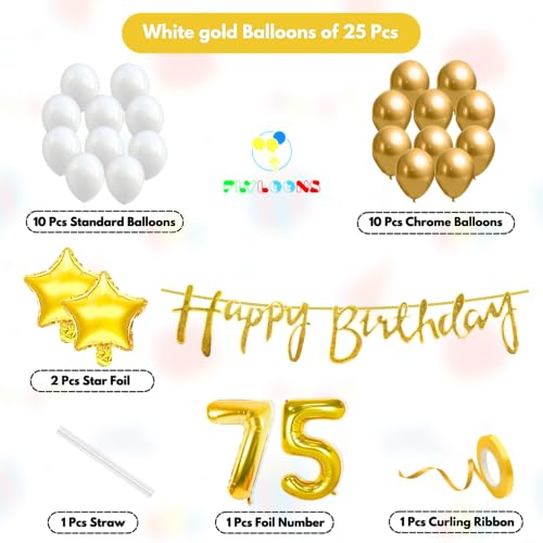 Image of Flyloons 75th Happy Birthday Decoration Kit Gold White for Boys Girls Men Women Adults With 20 Pcs Chrome Balloons Birthday Banner 2 Pcs Star Items Set Golden