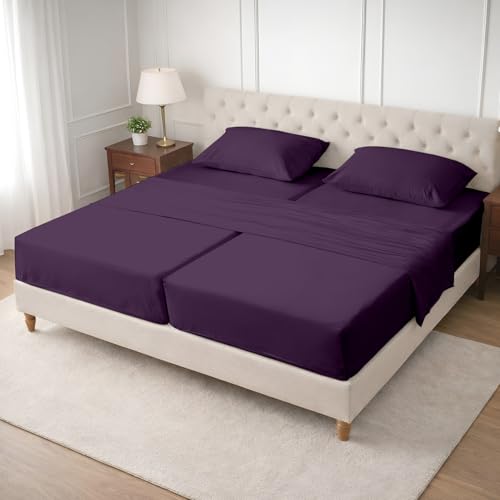 Image of SGI Split King Sheet Set for Adjustable Bed Egyptian Premium Cotton 600 Thread Count Sheets for Sleep Number Bed 15 inch Deep Pocket 5 Pc Set with 2 Twin XL Fitted Sheets Soft Breathable -Plum