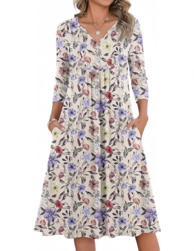 Image of Zeagoo Womens Dresses 3 /4 Sleeve Casual Fall A Line Midi Dress with Pockets