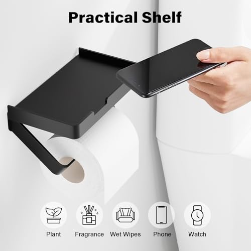 Euqvunn Portarrollos de Papel Higiénico con Estante, Soporte Papel Higiénico de Pared con Tornillos Autoadhesivos Sin Perforación, Adhesivo y Fijación con Tornillos, Accesorio para Baño, Negro Mate - imagen 2
