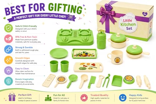Image of Chanak Kitchen Fresh Cook Set Bag for Kids, Pretend Play Cooking Toy with Mini Utensils & Gas Stove, Cylinder, Frying pan, Serving Tray, Kitchen Role Play Toy Set for Kids Age 3+ (Green)