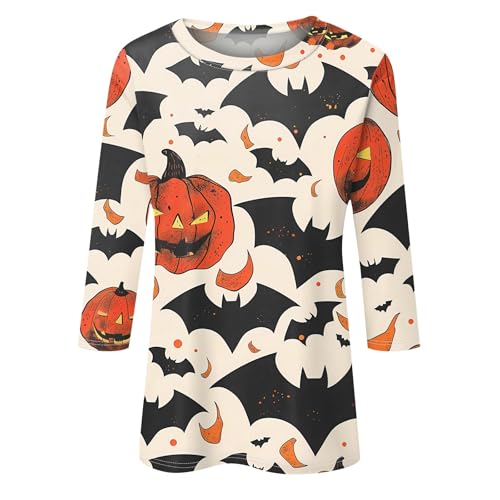 Halloween Shirts for Women 3/4 Sleeve Plus Size Crewneck Loose Fit Cute T Shirt Halloween Costumes for Women 2025