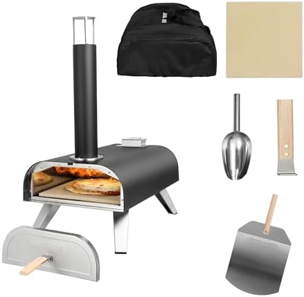 George Foreman Outdoor 12 Inch Wood Pellet Portable Wood Fired Pizza Oven Black with Paddle and Carry Bag, BBQ Oven & Smoker, Foldable Legs GFWPPO1BPC