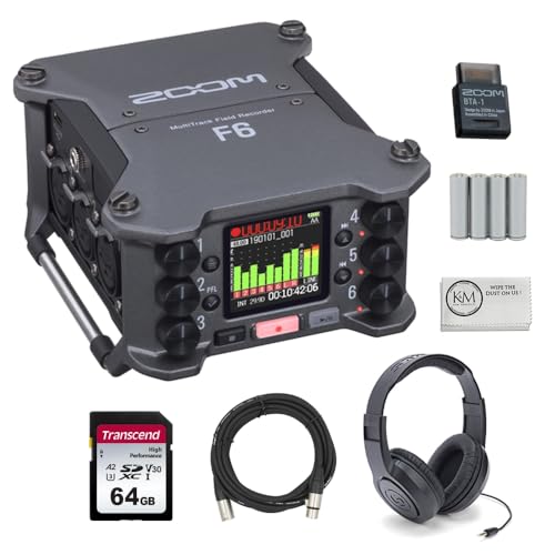 Zoom F6 MultiTrack Field Recorder with BTA-1 Bluetooth Adapter + 64GB Memory Card + AA Batteries |4 Pack + Over-Ear Stereo Headphones + 20-Feet XLR Microphone Cable + Cleaning Cloth (7 Items)