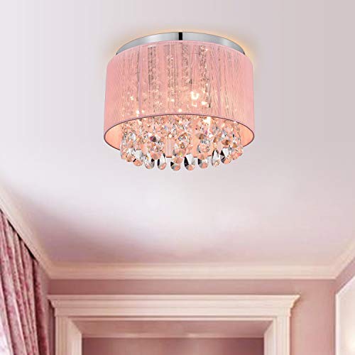 Lalula Pink Chandelier Drum Flush Mount Chandelier Crystal Ceiling Light Fixture 3 Light Bedroom Chandelier #TOP1