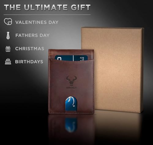 Image of Contacts Genuine Leather Money Clip Wallet Slim Front Pocket RFID Blocking Card Holder Minimalist Mini Bifold for Men's with Smart Pull Strap 8 Card Slots Photo ID (Brown)