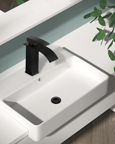 Coleniny Wasserhahn Bad Schwarz | Wasserfall Waschtischarmatur für Badezimmer | Mischbatterie Waschbecken Einhebel Kaltes und Heißes aus Messing mit Auslauf Höhe 115mm | Wasserfall Wasserhahn Schwarz