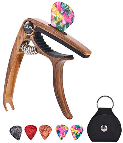 HUNDUN Guitar Capo Metal Capo for Acoustic and Electric Guitars ?Ukulele?Mandolin?Banjo, Classical Guitar Accessories (with Pick Holder and 5Picks) (Brown)