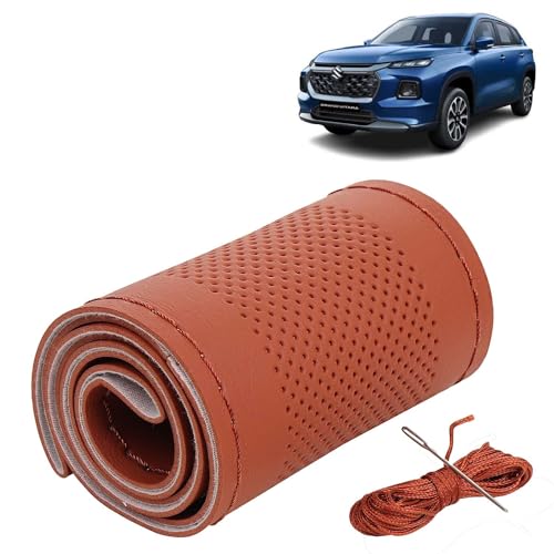 Image of KINGSWAY PU Leatherite Car Steering Cover Sewable Compatible with Maruti Suzuki Grand Vitara (Year 2022 Onwards), Tan Color with Tan Thread, Pack of 1 with Sewing Needle and Thread