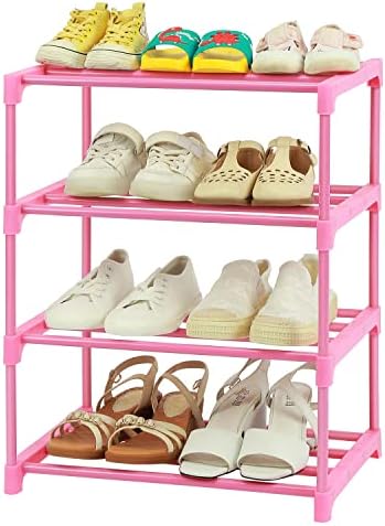 HITHIM 4-Tier Free Standing Shoe Racks, Small Shoe Rack for 6-8 Pairs Shoe Storage,Kids Shoe Racks for Small Place,Lightweight Stackable Shoe Shelf Organizer for Entryway, Doorway and Closet,Pink