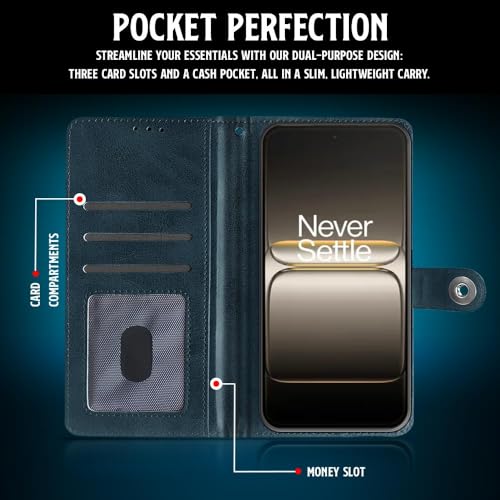 Image of WOW IMAGINE Shock Proof Flip Cover Back Case for 1+ OnePlus Nord CE 5 5G (Magnetic Button Flip Case | Wallet Pockets & Stand | Leather Finish | Oxford Blue)