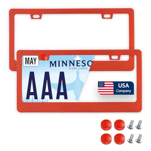 Image of Premium Slim Red Carbon Fiber Design License Plate Frame - 2 Pack, Durable Plastic, Rust-Free, License Plate Protector, Street Legal, Universal with Screw Caps