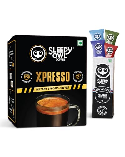 Image of Sleepy Owl Xpresso Instant Coffee Sachets + Free Trial Pack of 4 Coffee Flavors | 50g Pack of 25 Sachets | 100% Pure Coffee | Intense, Bold And Strong Flavour