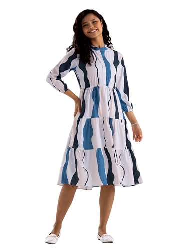 Image of AASK Women Diamond Creap Striped Printed Mandarin Collar Fit & Flare Dresss
