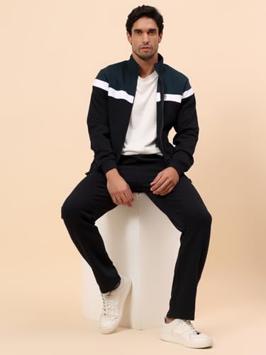 Image of Cantabil Track Suit for Men | Winter Wear Mock Collar with Full Zipper Upper Poly Cotton Fabric Colour Block Pattern