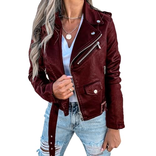 Chaqueta bomber de cuero para mujer, chaqueta corta de motociclista manga larga, abrigo motociclista ajustado con cremallera, cuero moda