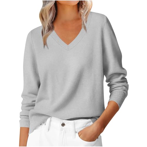 Cashmere Jumpers for Women V Neck Sweater Ladies Casual Lightweight Plain Pullover Long Sleeve Tops Dressy Fine Knit Jumpers for Women Fall Winter Tunic Blouse T-Shirt for Work Office Gray