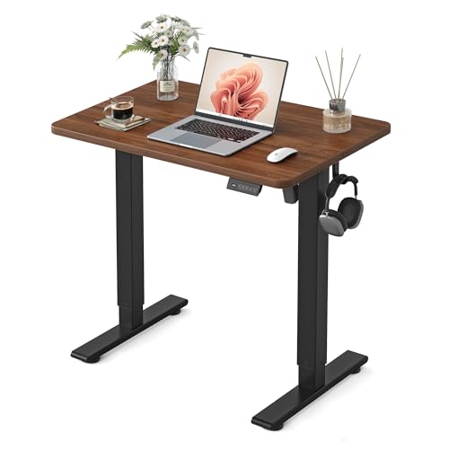 Image of FEZIBO Small Standing Desk, 32 x 19 Inches Electric Height Adjustable, Sit and Stand Up, Computer Office Desk with Splice Board, Black Frame /Black Walnut Top