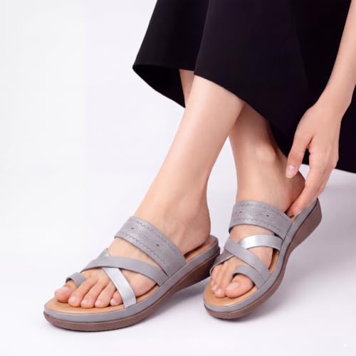 Image of YOHO Evergreen Slides Cross Strap Sandals for Women | Stylish, Comfortable Orthopedic & Anti Skid | Office, Summer, Beach, Casual Wear Flats for Ladies /Girls