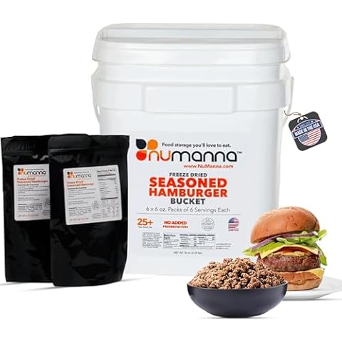NuManna Freeze Dried Seasoned Ground Beef (Hamburger) Bucket 36 Servings over 25 Grams of Protein per Serving Emergency Survival Food No Added Preservatives, Made In USA 25+ Year Shelf Life Cover