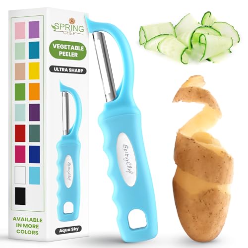 Spring Chef Premium Swivel Vegetable Peeler, Soft Grip Handle and Ultra Sharp Stainless Steel Blades - Perfect Kitchen Peeler For Veggie, Fruit, Potato, Carrot, Apple - Aqua Sky