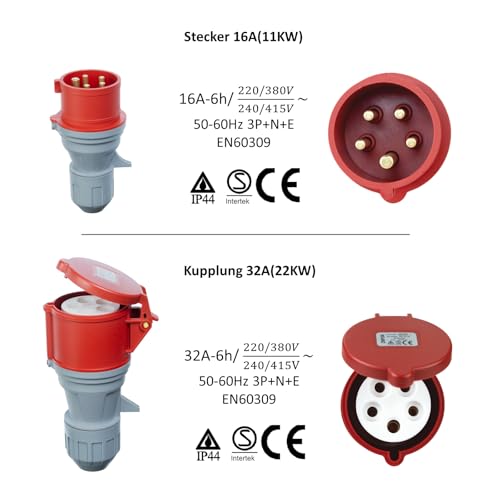 CEE 3-fazowy wtyk 16/32A do złączki 32/16A adapter, przenośny, z pokrywą ochronną, wodoszczelny IP44, odpowiedni do przemysłu i gospodarstwa domowego (16-32)