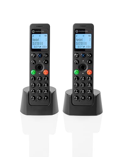 Motorola - DOT202 Twin Pack, Teléfono Inalámbrico Digital, Altavoz Manos Libres, Bloqueo de Llamadas, 100 Contactos con Nombre y Directorio Telefónico, Color Negro