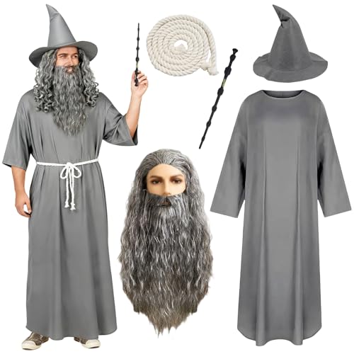 Xerteam Gray Wizard Costume Adults Medieval Wizard Fancy Dress Outfit Wizard Costume with Wizard Robe Belt Wig Long Beard Hat Wand for Halloween Carnivals Cosplay Party