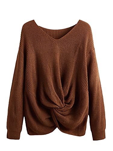 Image of Floerns Women's Plus Size Casual Twist Hem V Neck Long Sleeve Sweater Tops