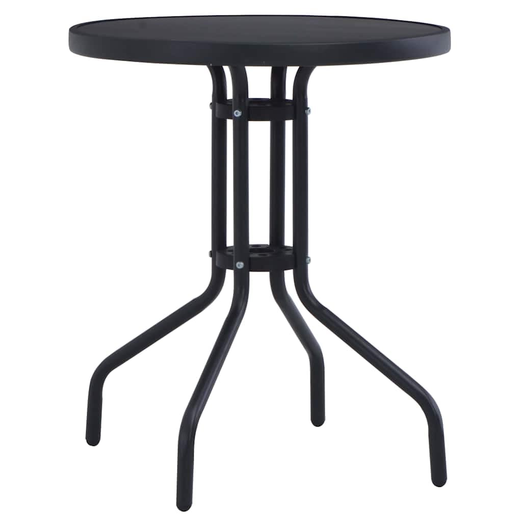 Tavolo da giardino rotondo da 80 cm con struttura in acciaio verniciato a polvere e piano in vetro setoso di colore nero, stabile e durevole per colazione o tè pomeridiano all'aperto