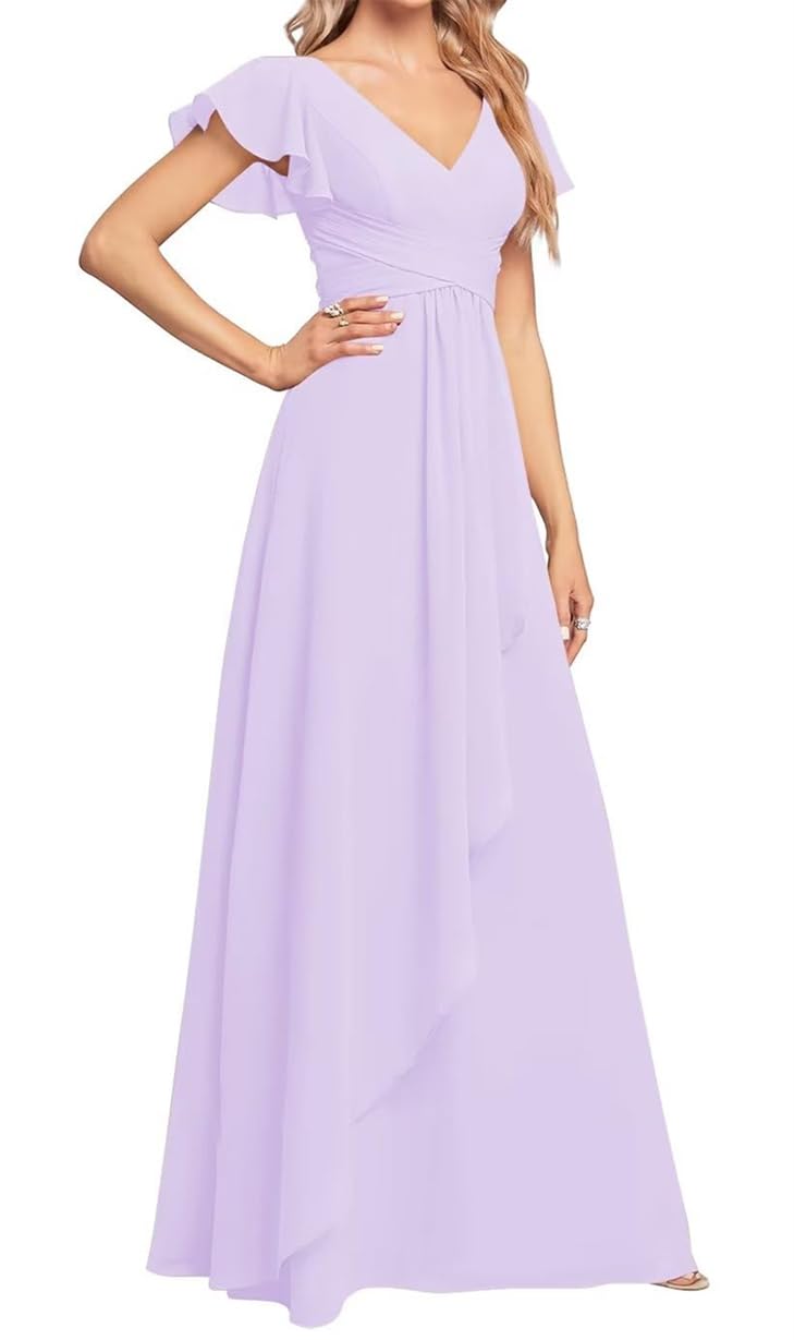 Wseyu Women's Lilac Short Sleeve Bridesmaid Dresses V-Neck Maid Of Honor Chiffon Evening Formal Party Gowns Zm109 Uk18