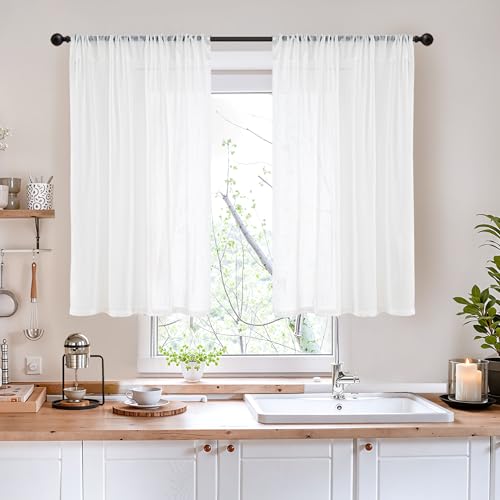 Image of BGment 40 Inches Long White Linen Curtains for Kitchen Cafe Window | Semi Sheer Short Length Drapes with Rod Pocket Light Filtering for Bedroom Bathroom Lightweight, 2 Panels Set, 42 X 40 Inch