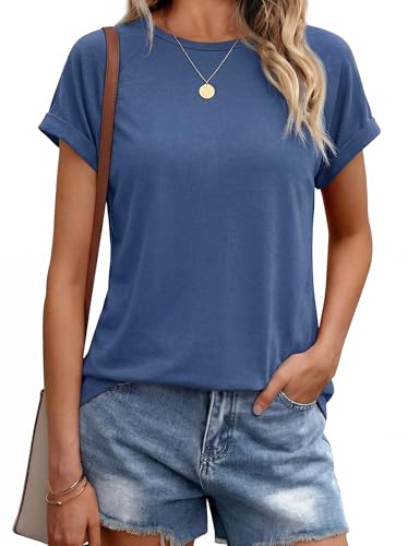 Leversic Casual Women Tops Plain Short Sleeve T-Shirt Crew Neck Regular Fit Summer Tunic Basic Tee (Dark Blue,L)