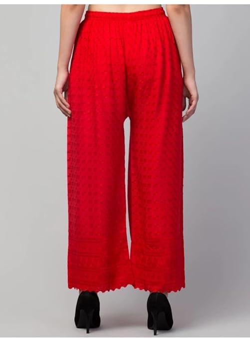 Image of Women's Palazzo Pants Rayon Trousers Chikankari Embroidered Lace Trim Wide Leg Straight Fit Flared Palazzo for Girls & Women