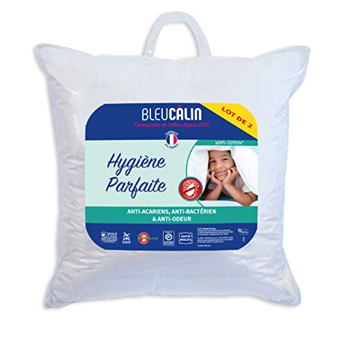 Bleu Câlin Lot de 2 Oreillers Anti-Acariens, Anti bactériens, Confort moelleux, 60x60 cm, Enveloppe 100% coton, gamme Hygiène Parfaite