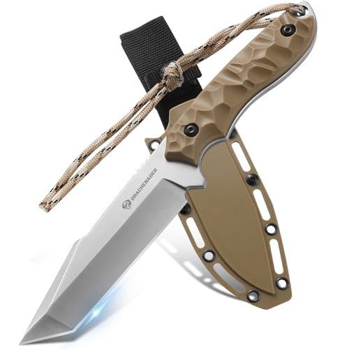 DRACHENADER Cuchillo B-ER-TANTO POINT, Outdoor Survival Cuchillo de hoja fija, 13 cm de longitud de hoja, cuchillo de cinturón de acero 5Cr14MoV, con funda (A-Cuchilla plateada - Empuñadura caqui)