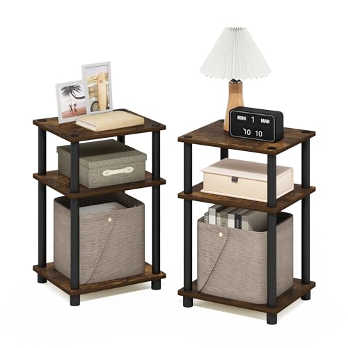 Image of Furinno JUST Side Table Set of 2, 3-Tier Modern End Tables, Open Shelves Night Stand, Nightstand Set, Toolless Assembly, for Living Room, Bedroom, Amber Pine