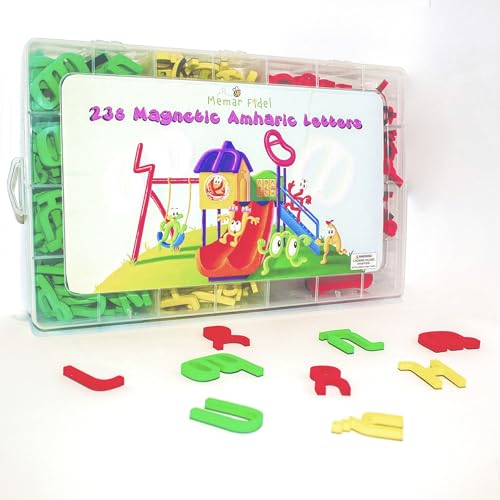 238 Amharic Alphabet Fridge Magnet Set- Letters (Fidels), Magnetic White Board, Eraser, and 3 Markers (Geez, Ethiopian, Eritrean) Fun Toy for Habesha Toddler, Kid, Child Spelling & Learning Game