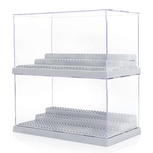 Image of Mlikero 2 Pack Minifigure Display Case for Action Figures Blocks, Clear Dustproof Display Storage Box with 3 Movable Steps Gifts for Children Minifigures Collectors (Grey)