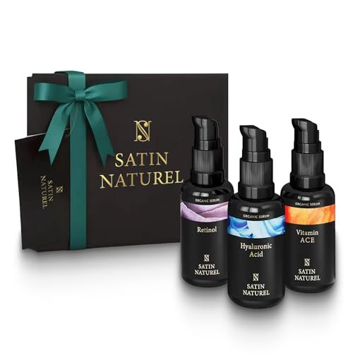 Satin Naturel Luxury Gift Box 3x30 ml – Hyaluronic Acid Serum for Face, Vitamin C & Retinol Serum – Vegan Facial Care – Gift Box for Her – Beauty Skincare Set for Birthdays and Special Occasions