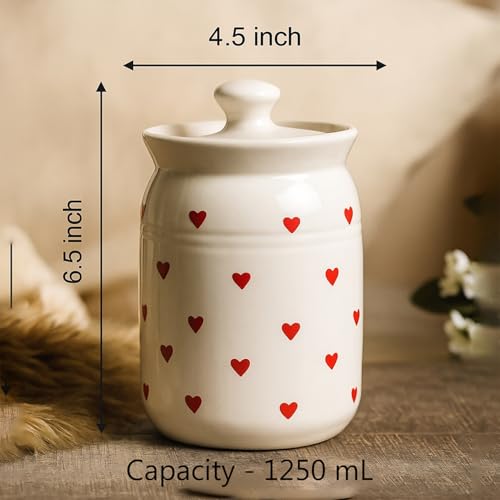 Image of D'Maiolica Ceramic Handmade Pickle Jars In 1000Ml(Set Of 2) | Ceramic Container Set For Kitchen Storage | Pottery Jars For Achar,Spices,Salt,Black (Pack Of 2) (Red & White Heart)