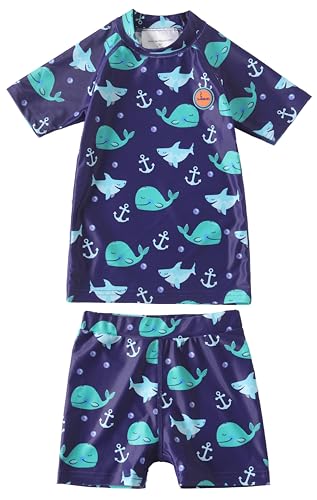 Swimbubs Toddler Rash Guard Swim Set Baby Swimwear Set with Short Sleeve Rash Vest & Swim Shorts Kids Swimsuit Outfit for Beach Pool & Holidays (2-3 Years Blue Whale)
