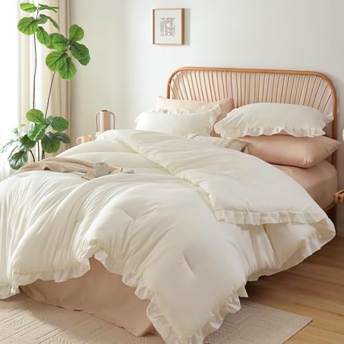Image of JANZAA Creamy White Comforter Set King - Soft Microfiber, Lightweight All Season Bedding, Ruffle Shabby Chic Aesthetic, Breathable Cozy Bed Set with 2 Pillow Shams, Machine Washable