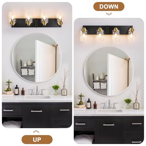Image of Black and Gold Bathroom Light Fixture, 4 Light Brushed Gold Vanity Light, 27.5 inch Modern Farmhouse Bathroom Lighting Fixtures Over Mirror, with Clear Glass Shade, Vanity Lights for Bedroom Hallway