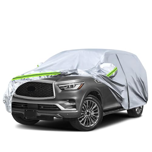 Image of Waterproof Car Covers Replace for 2004-2025 Infiniti QX80, 6 Layers Silver All Weather Custom-fit Car Cover with Zipper Door & Windproof Bands for Snow Rain Dust Hail Protection
