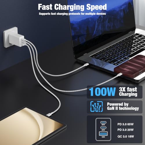 Image of 65W Fast Charging for iPhone Duo 18 17 16 Pro Max,3 Port 100W USB C Charger Block & 3 /6 /10 /10FT Braided Type C Cord for iPhone 17 16 15 Pro /MacBook Air /iPhone 18 Pro /for Samsung S26 Ultra