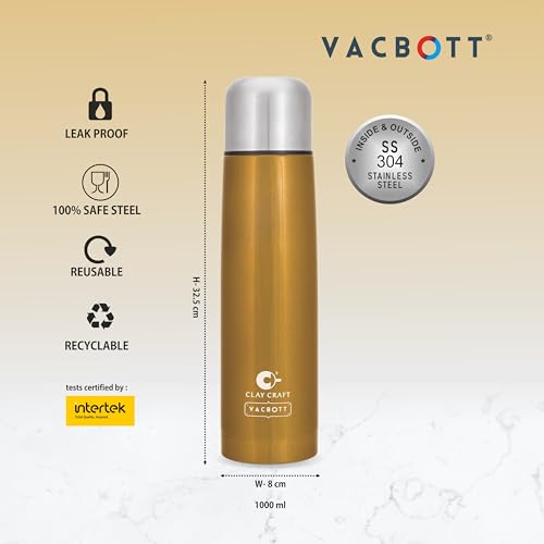 Image of Clay Craft Vacbott Terra Double Walled|18 Hours Hot and 24 Hours Cold Vacuum Insulated|Thermosteel| Flask Bottle 1000 ml|Bottles for Office|Travelling|BPA-Free|BIS Certified|1Year Limited Warranty