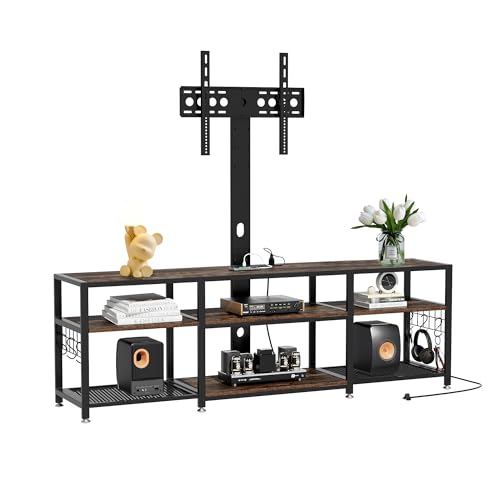 Image of VECELO TV Stand with Mount and Power Outlet, Height Adjustable Entertainment Center with Storage Shelves for 32 /55 /65 /70 /75 inches Televisions, Console Table for Living Room, Bedroom, Rustic Brown