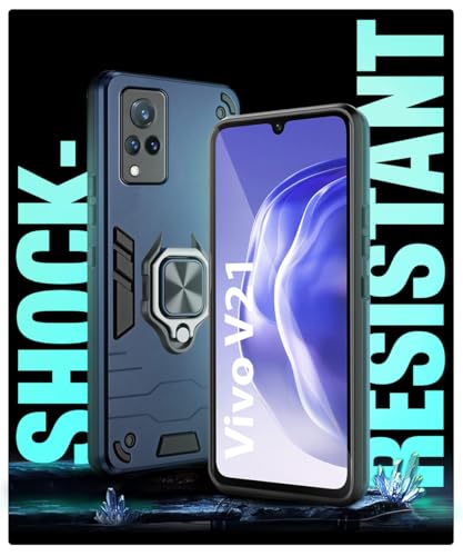 Image of WOW IMAGINE Shock Proof Back Case Mobile Cover for Vivo V21 (Tough Armor | Hybrid PC + TPU | Full Protection with Ring Holder & in-Built Kickstand | Blue)